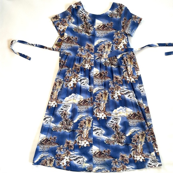 HILO HATTIE VTG NEW! BLUE HAWAII EMPIRE TIE-BACK MIDI SHORT SLEEVE DRESS SzL - Picture 12 of 14